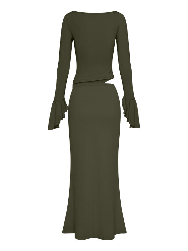 Army Green Asymmetric Long Sleeve Top and Maxi Skirt Set
