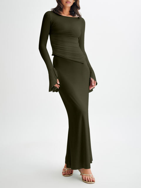 Army Green Asymmetric Long Sleeve Top and Maxi Skirt Set