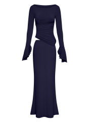 Navy Blue Asymmetric Long Sleeve Top and Maxi Skirt Set