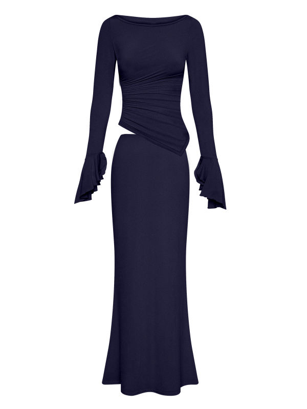 Navy Blue Asymmetric Long Sleeve Top and Maxi Skirt Set