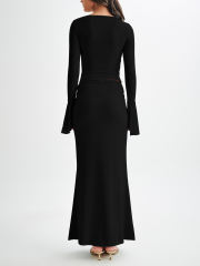 Black Asymmetric Long Sleeve Top and Maxi Skirt Set