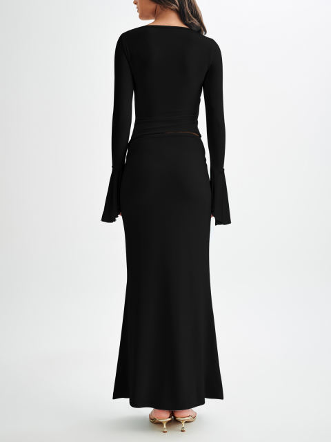 Black Asymmetric Long Sleeve Top and Maxi Skirt Set