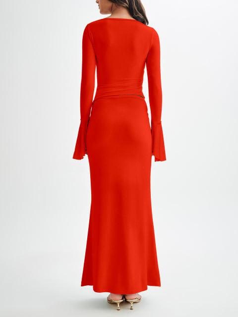 Red Asymmetric Long Sleeve Top and Maxi Skirt Set