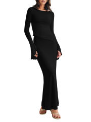 Black Asymmetric Long Sleeve Top and Maxi Skirt Set