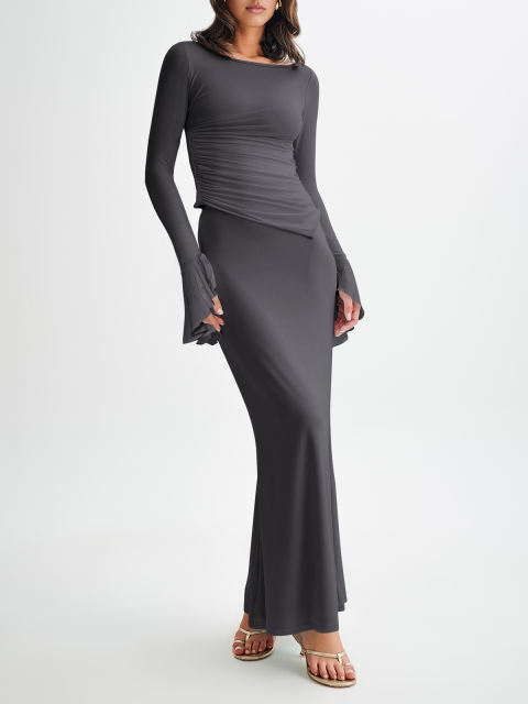 Dark Gray Asymmetric Long Sleeve Top and Maxi Skirt Set