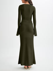 Army Green Asymmetric Long Sleeve Top and Maxi Skirt Set