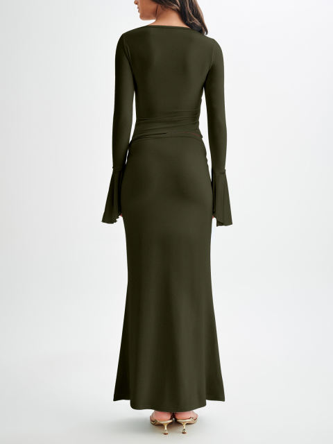 Army Green Asymmetric Long Sleeve Top and Maxi Skirt Set
