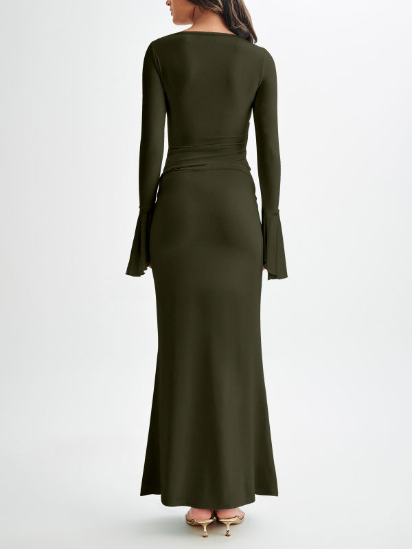 Army Green Asymmetric Long Sleeve Top and Maxi Skirt Set