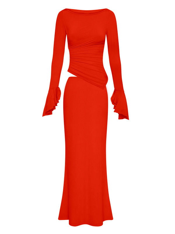 Red Asymmetric Long Sleeve Top and Maxi Skirt Set