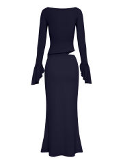 Navy Blue Asymmetric Long Sleeve Top and Maxi Skirt Set