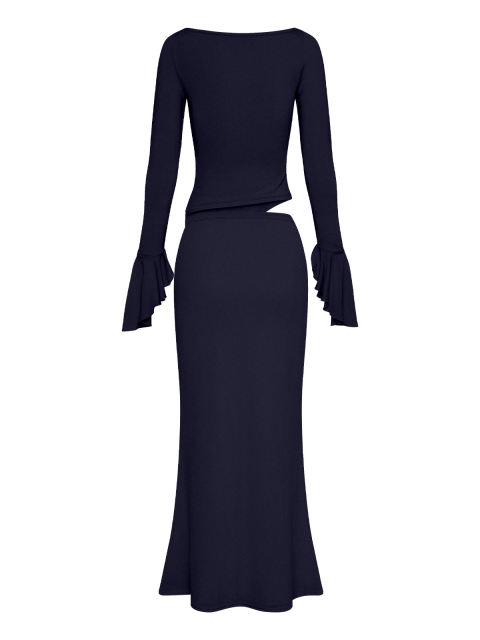 Navy Blue Asymmetric Long Sleeve Top and Maxi Skirt Set