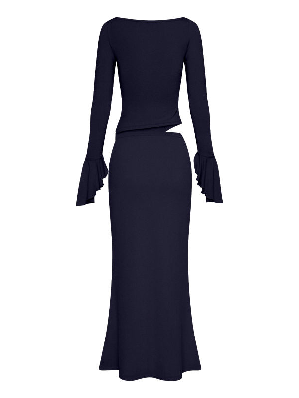 Navy Blue Asymmetric Long Sleeve Top and Maxi Skirt Set