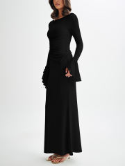 Black Asymmetric Long Sleeve Top and Maxi Skirt Set
