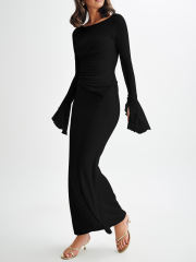 Black Asymmetric Long Sleeve Top and Maxi Skirt Set