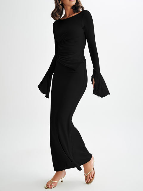 Black Asymmetric Long Sleeve Top and Maxi Skirt Set