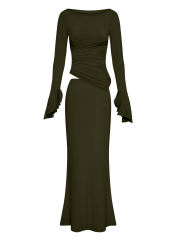 Army Green Asymmetric Long Sleeve Top and Maxi Skirt Set
