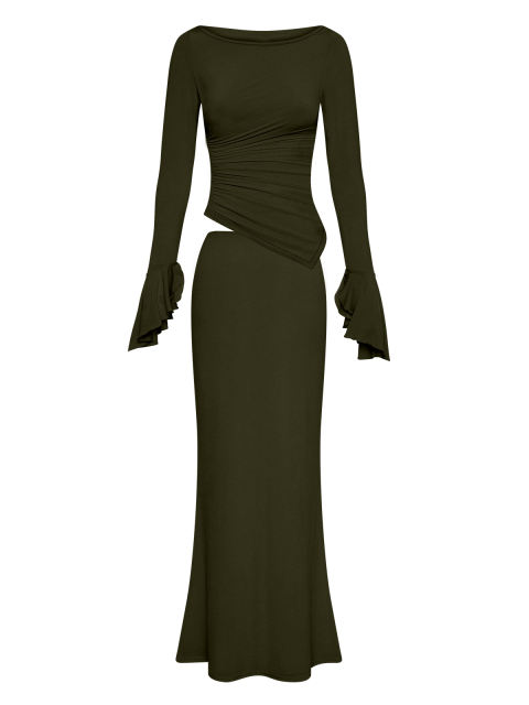 Army Green Asymmetric Long Sleeve Top and Maxi Skirt Set
