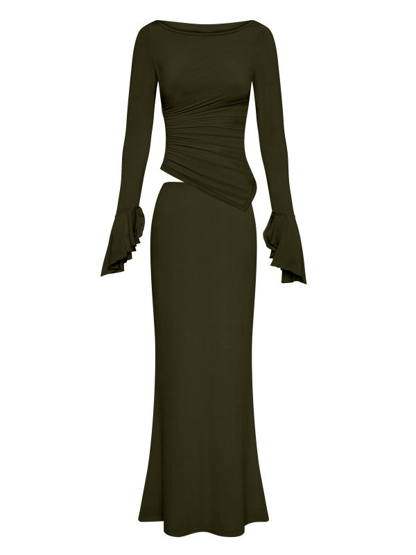 Army Green Asymmetric Long Sleeve Top and Maxi Skirt Set