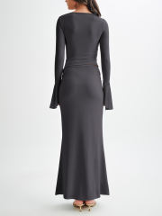 Dark Gray Asymmetric Long Sleeve Top and Maxi Skirt Set