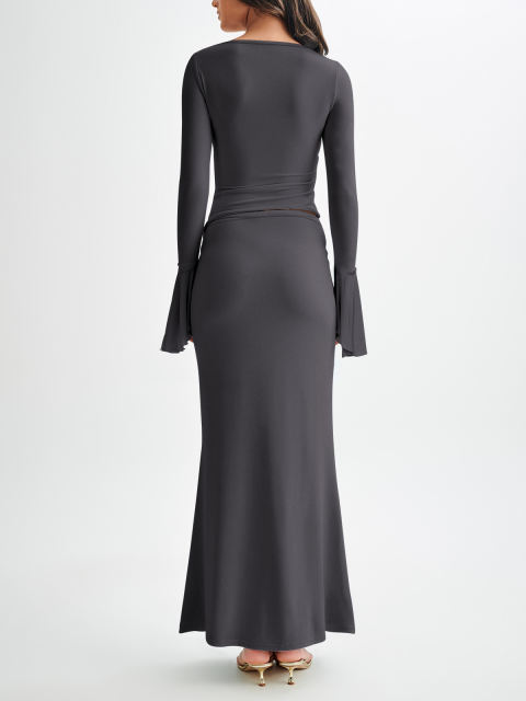 Dark Gray Asymmetric Long Sleeve Top and Maxi Skirt Set