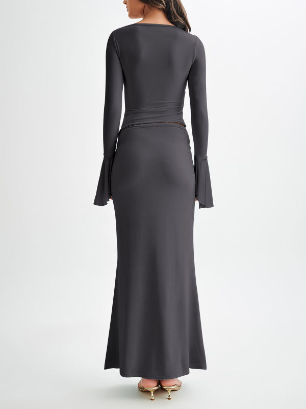Dark Gray Asymmetric Long Sleeve Top and Maxi Skirt Set