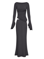 Dark Gray Asymmetric Long Sleeve Top and Maxi Skirt Set
