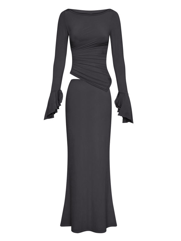 Dark Gray Asymmetric Long Sleeve Top and Maxi Skirt Set