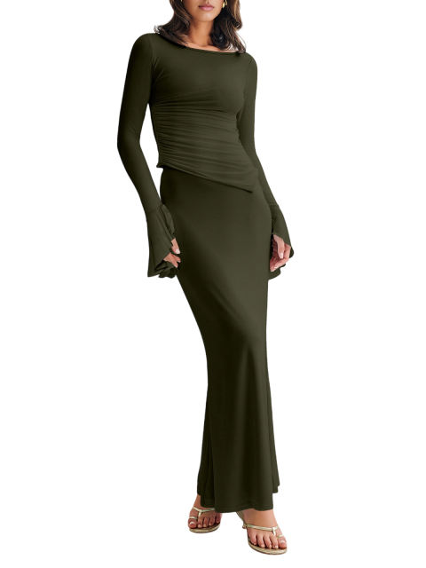 Army Green Asymmetric Long Sleeve Top and Maxi Skirt Set