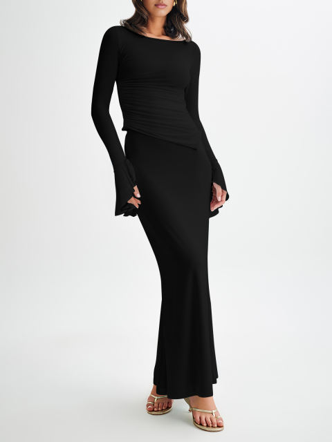 Black Asymmetric Long Sleeve Top and Maxi Skirt Set