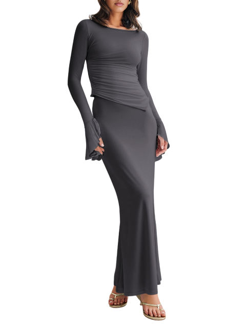 Dark Gray Asymmetric Long Sleeve Top and Maxi Skirt Set
