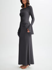 Dark Gray Asymmetric Long Sleeve Top and Maxi Skirt Set