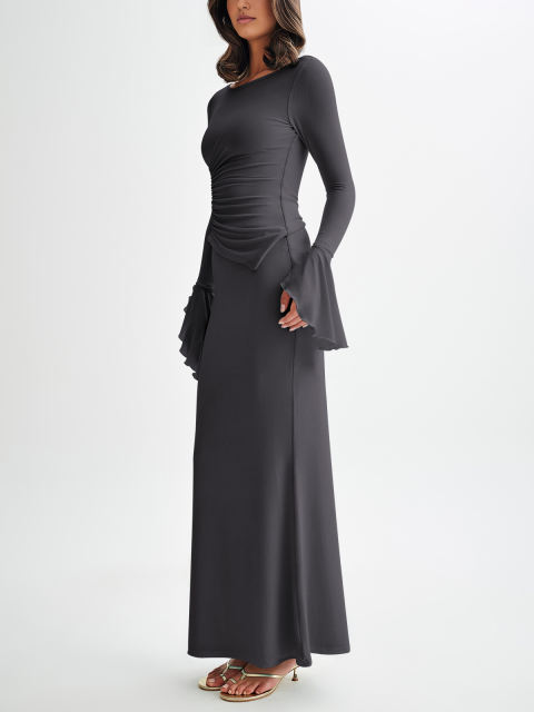 Dark Gray Asymmetric Long Sleeve Top and Maxi Skirt Set