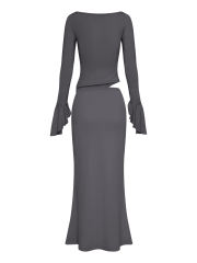 Dark Gray Asymmetric Long Sleeve Top and Maxi Skirt Set