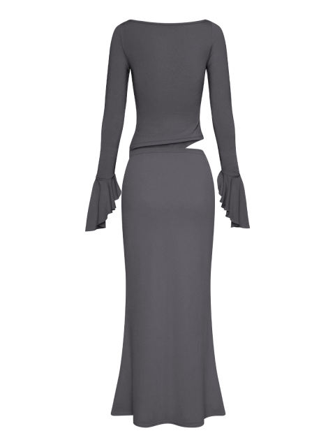 Dark Gray Asymmetric Long Sleeve Top and Maxi Skirt Set