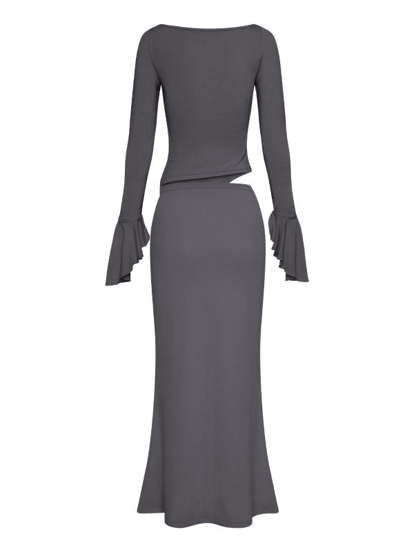 Dark Gray Asymmetric Long Sleeve Top and Maxi Skirt Set