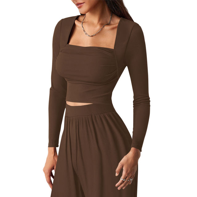 Coffee Ribbed Square Neck Long Sleeve Top and Wide Leg Pant Set