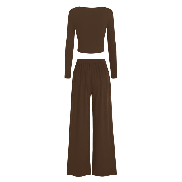 Coffee Ribbed Square Neck Long Sleeve Top and Wide Leg Pant Set