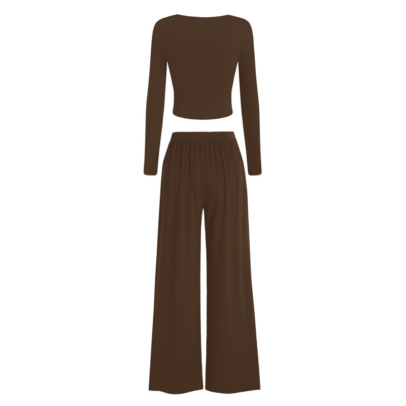 Coffee Ribbed Square Neck Long Sleeve Top and Wide Leg Pant Set