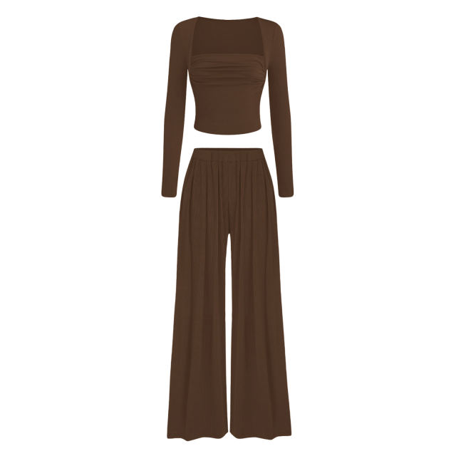 Coffee Ribbed Square Neck Long Sleeve Top and Wide Leg Pant Set