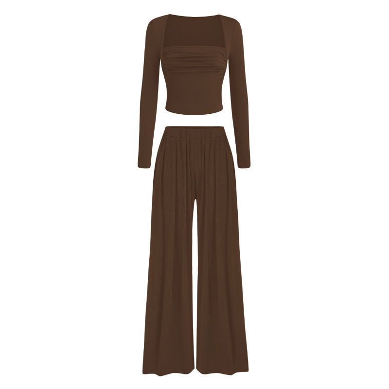 Coffee Ribbed Square Neck Long Sleeve Top and Wide Leg Pant Set