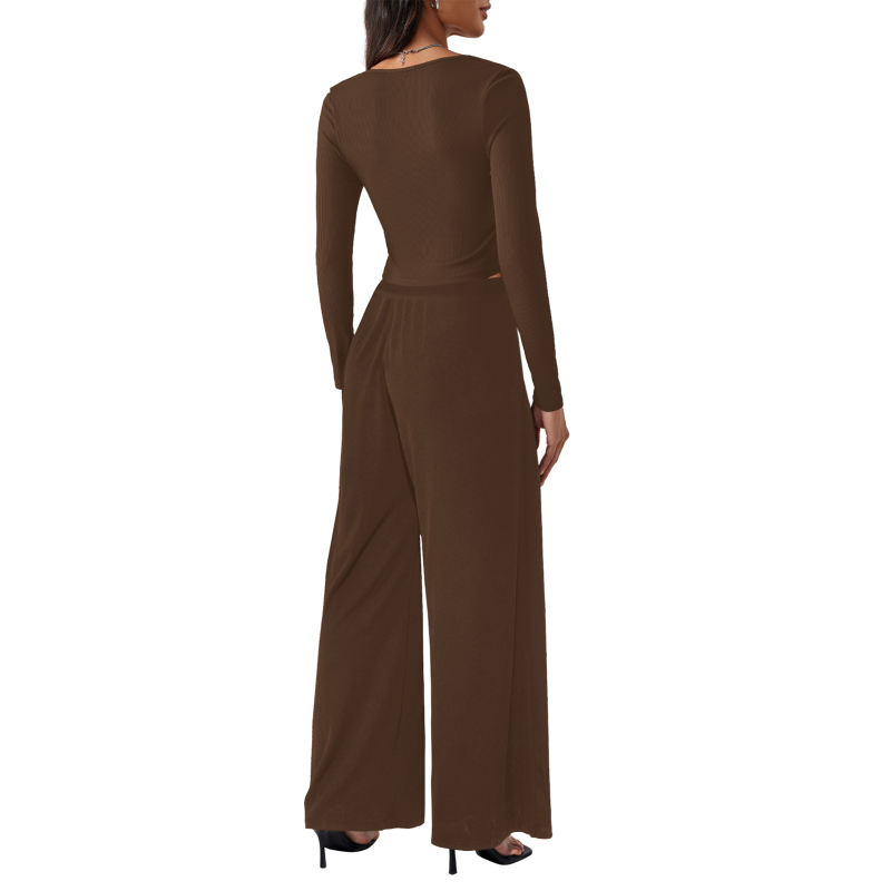 Coffee Ribbed Square Neck Long Sleeve Top and Wide Leg Pant Set