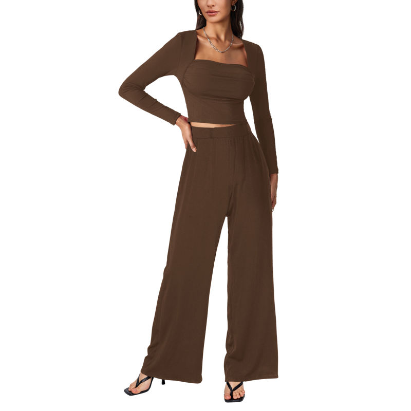 Coffee Ribbed Square Neck Long Sleeve Top and Wide Leg Pant Set