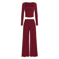 Burgundy Ribbed Square Neck Long Sleeve Top and Wide Leg Pant Set