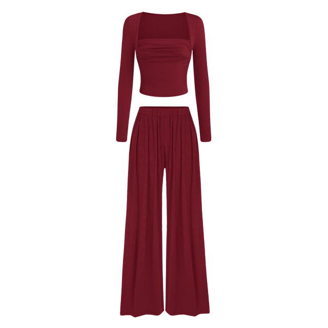Burgundy Ribbed Square Neck Long Sleeve Top and Wide Leg Pant Set