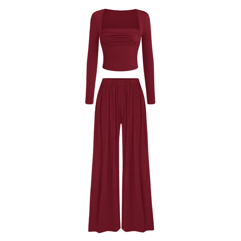 Burgundy Ribbed Square Neck Long Sleeve Top and Wide Leg Pant Set