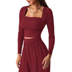 Burgundy Ribbed Square Neck Long Sleeve Top and Wide Leg Pant Set
