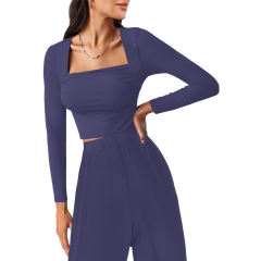 Blue Ribbed Square Neck Long Sleeve Top and Wide Leg Pant Set