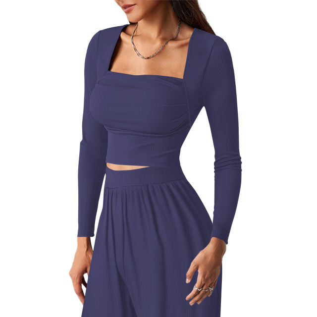 Blue Ribbed Square Neck Long Sleeve Top and Wide Leg Pant Set