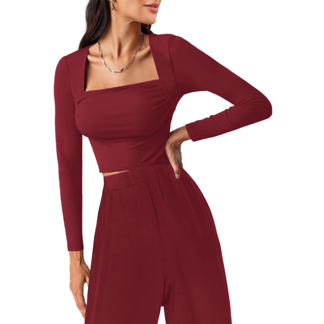 Burgundy Ribbed Square Neck Long Sleeve Top and Wide Leg Pant Set