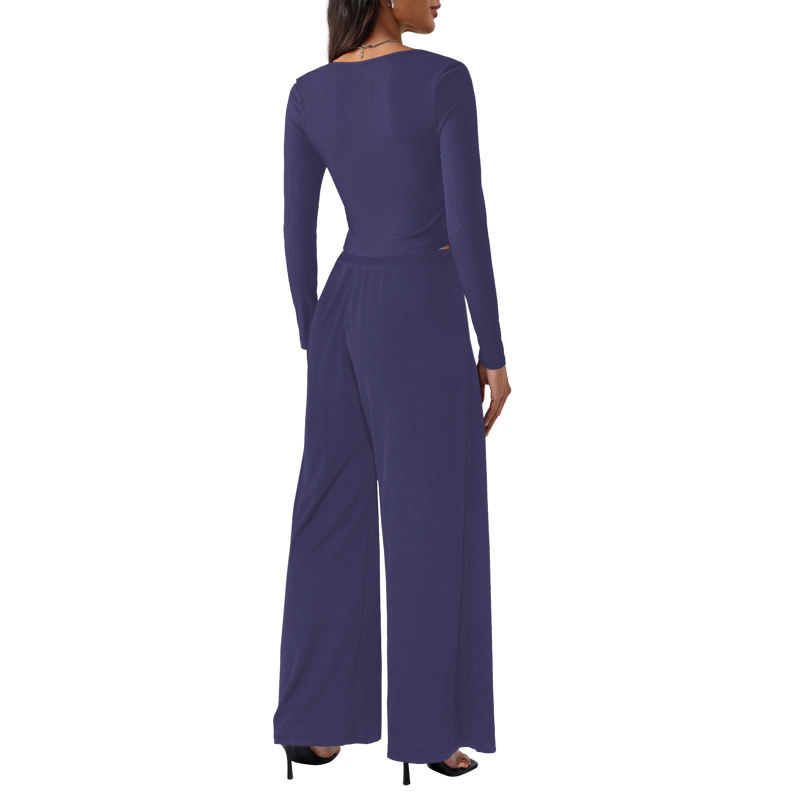 Blue Ribbed Square Neck Long Sleeve Top and Wide Leg Pant Set